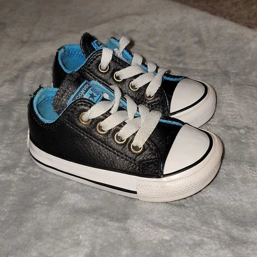 Converse All Stars Low Black Leather Blue Trim CTSA Shoes Baby Size 4